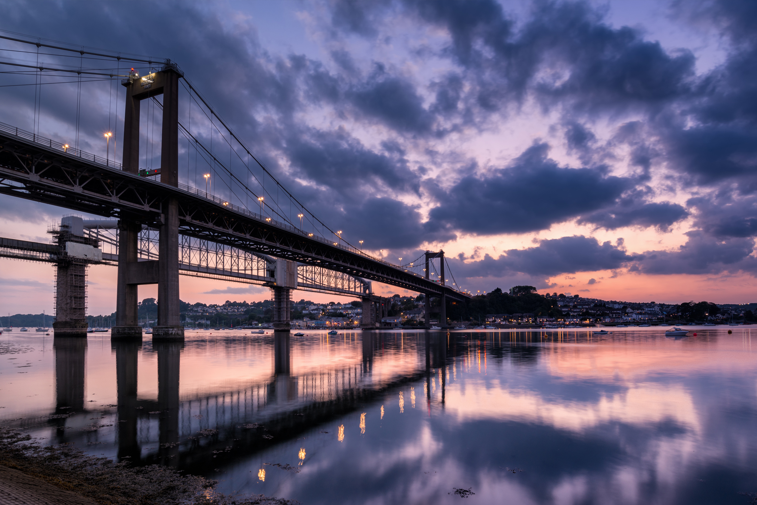 Sunset over the river Tamar and Tamar Bridge