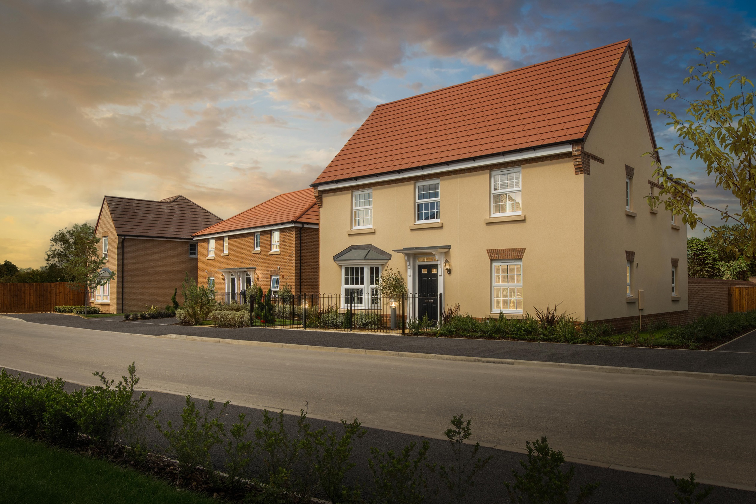 Tudor Meadow homes at dusk