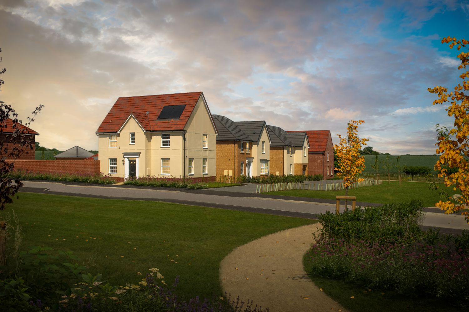 HOMES OVERLOOKING OPEN SPACE AT DUSK