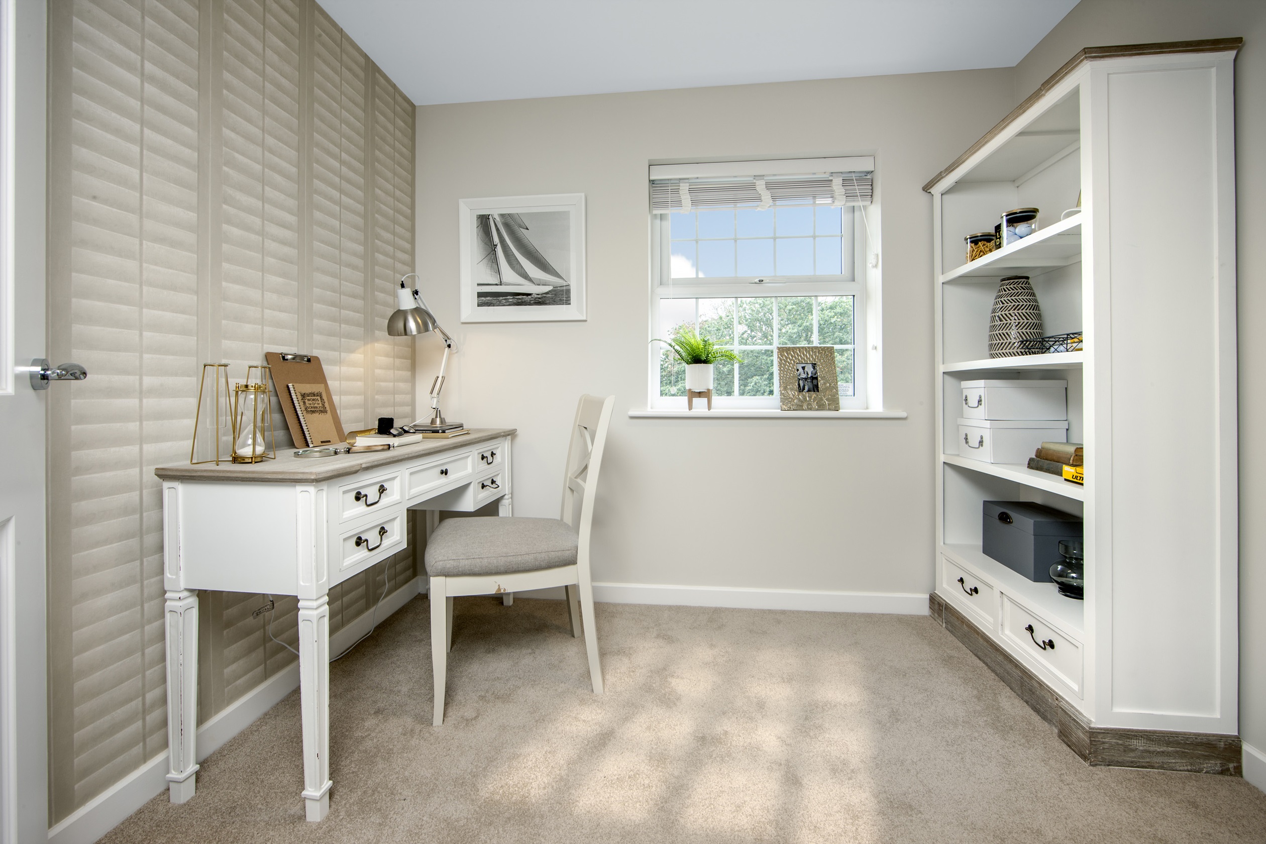 study with desk, chair and bookshelf