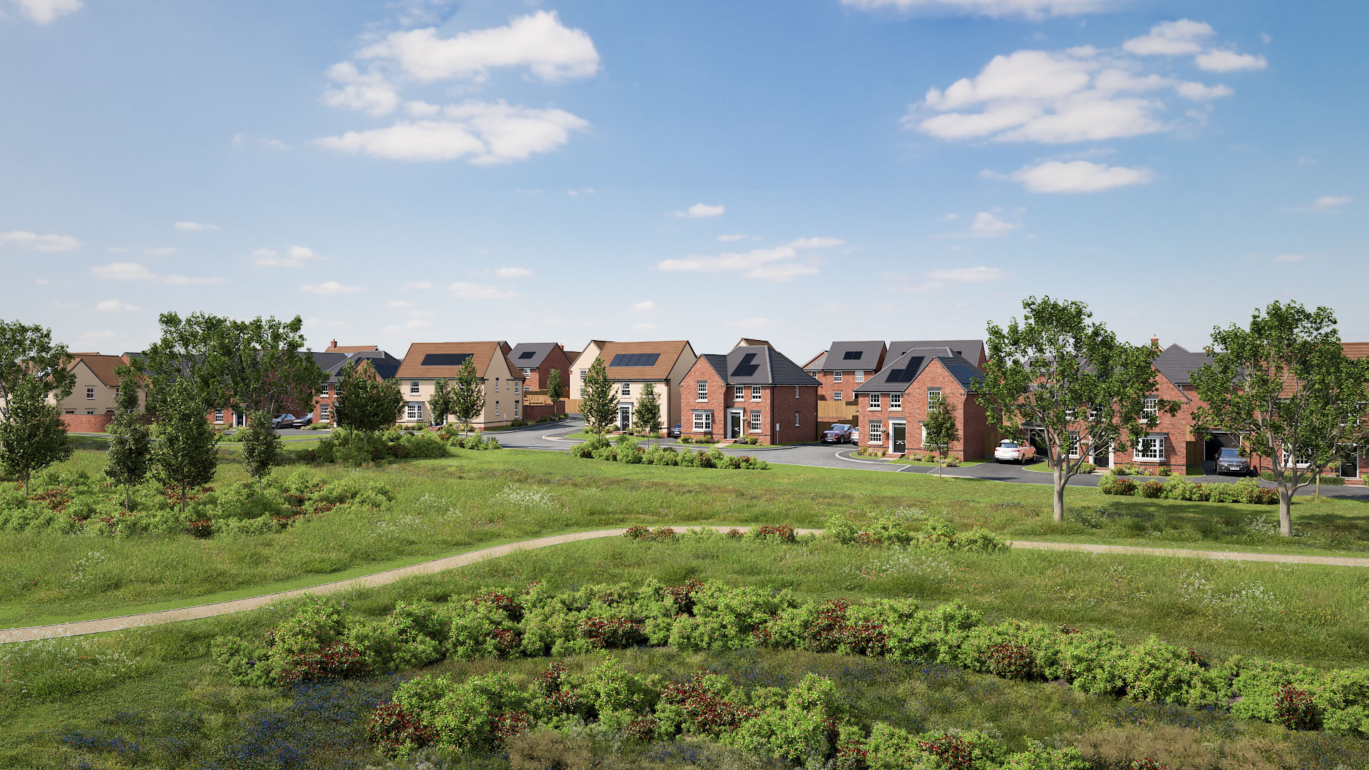 Street scene with green open space