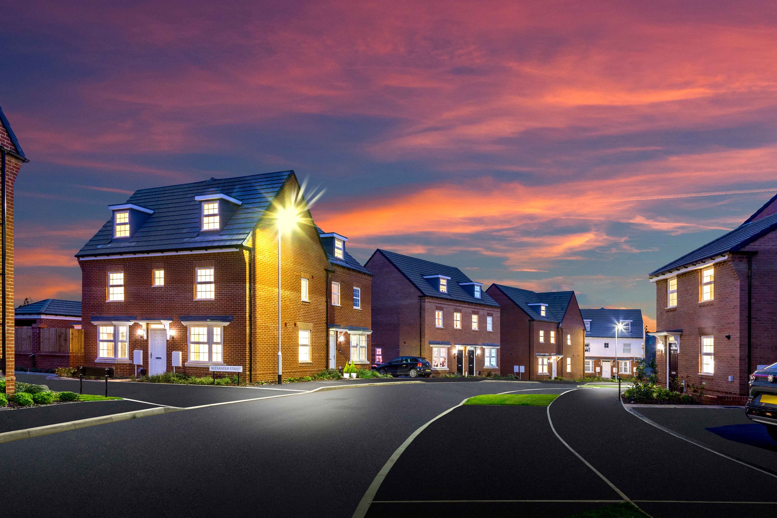 The Woodlands street scene at dusk
