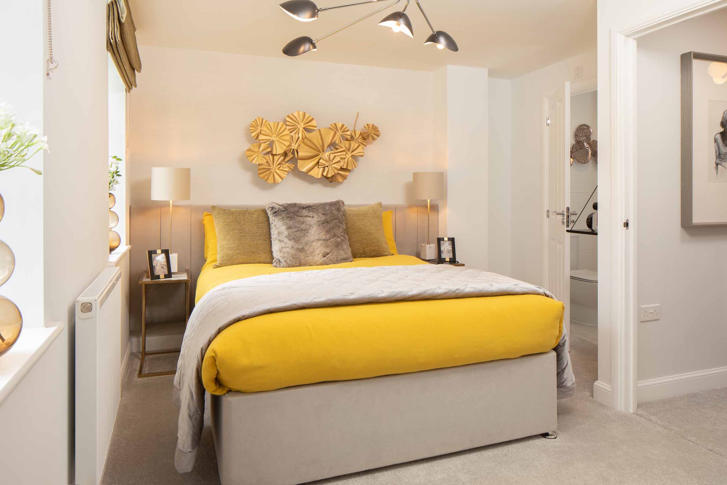 Greenwood internal show home main bedroom with en suite, DWH, orchard green, kingsbrook