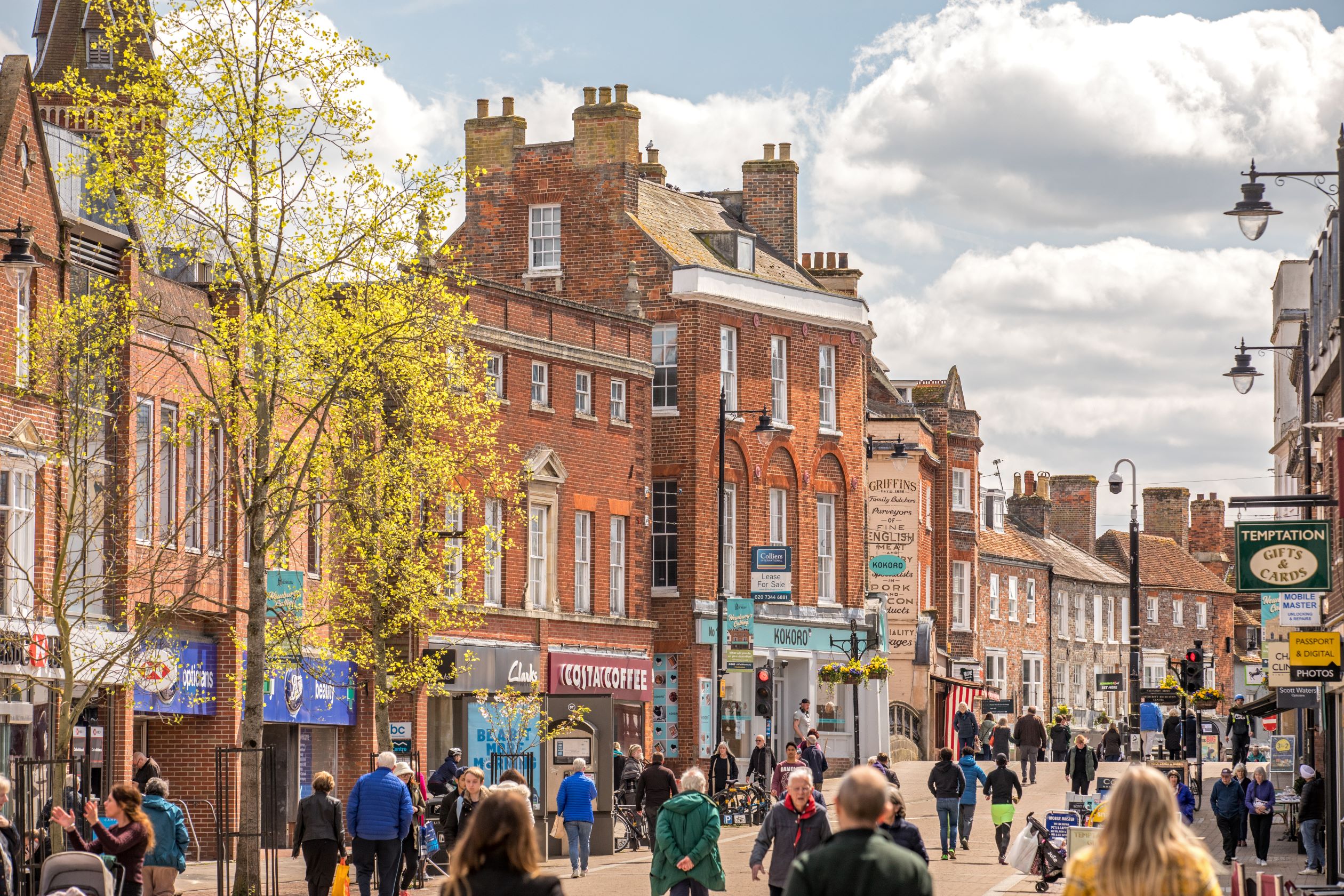 Outside view of Newbury high street.