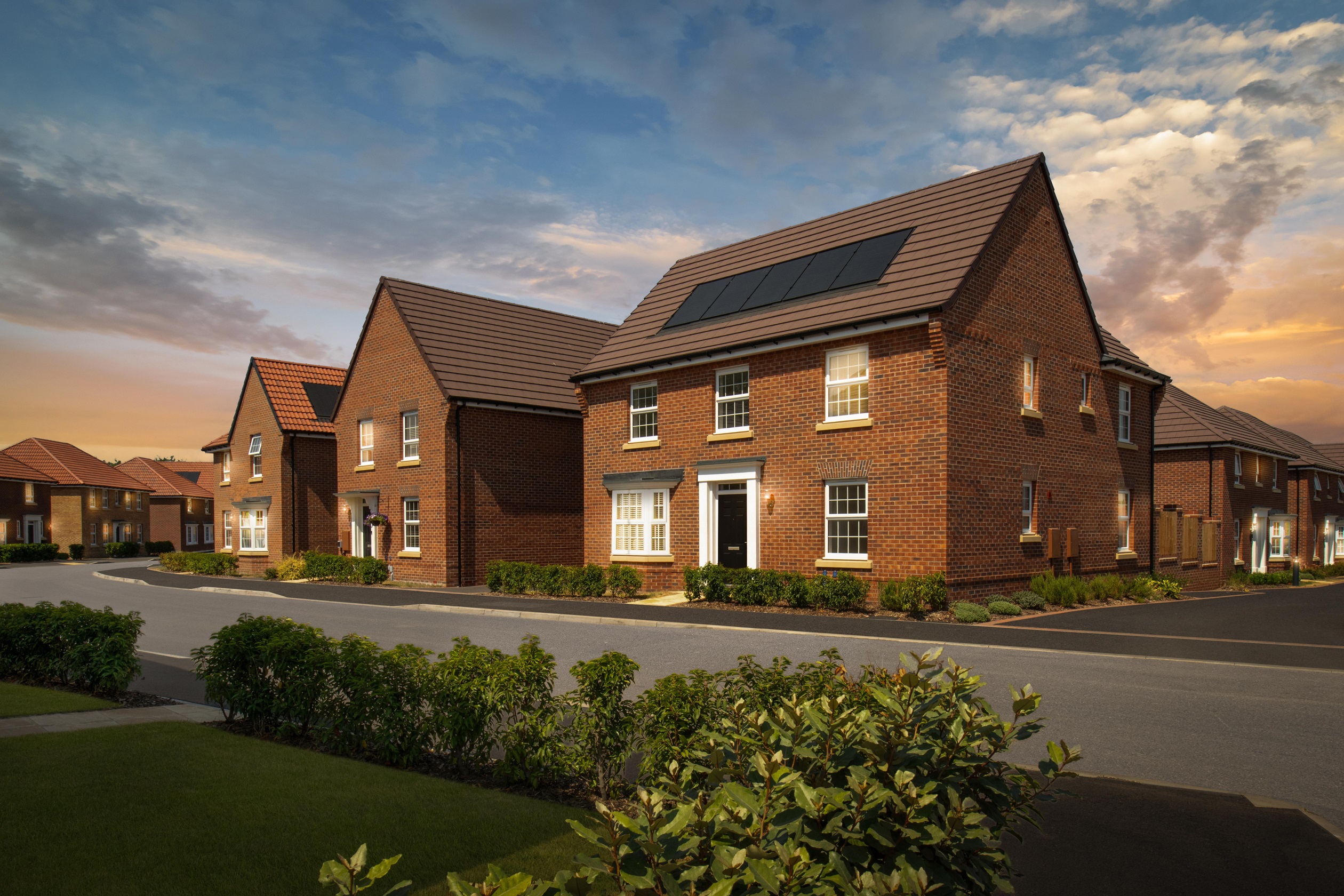 005 DavidWilsonEastMidlandsStonebridgeFieldsMansfieldStreetSceneAvondaleIngleby4bedDuskLowRes