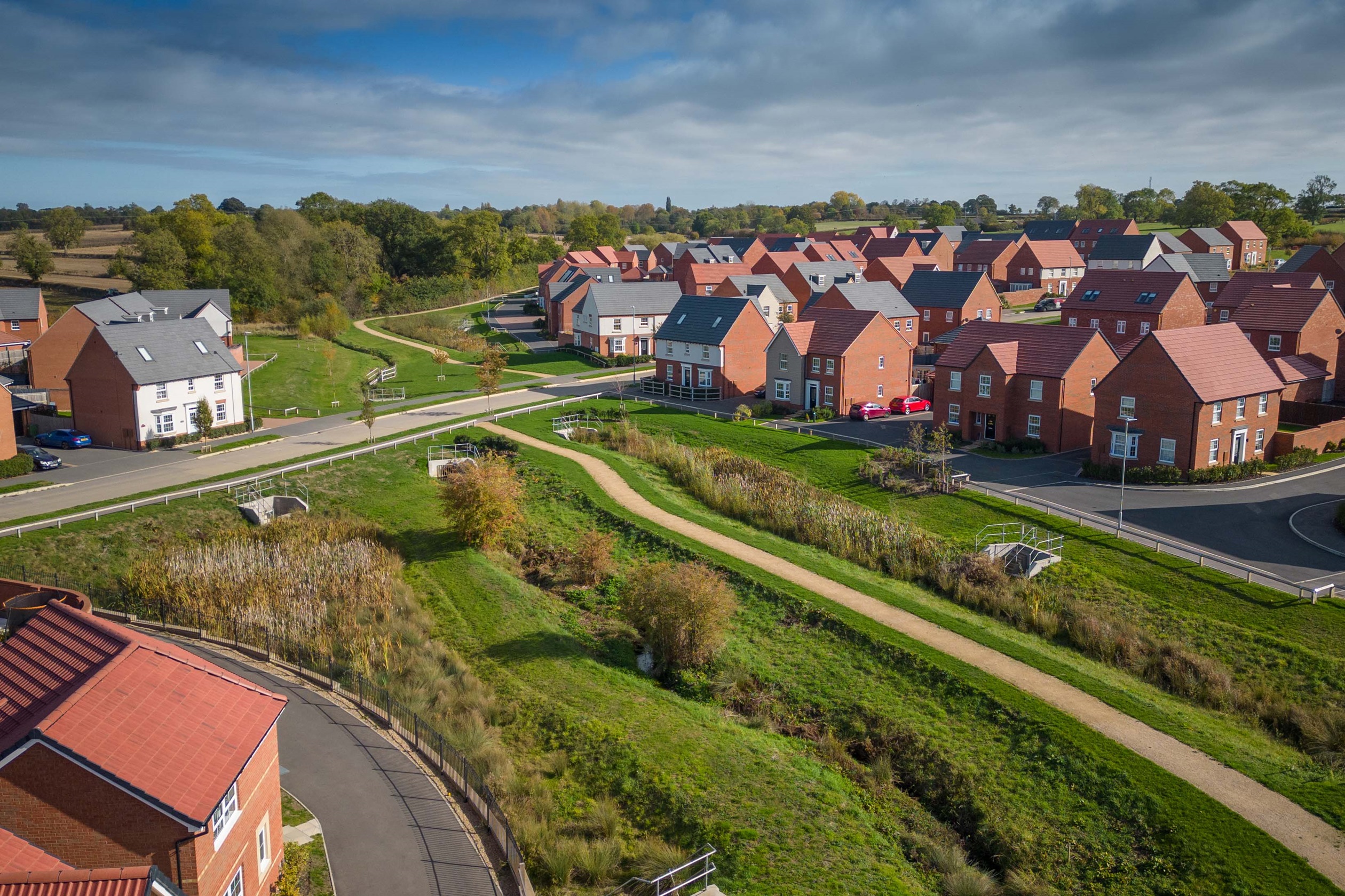 Drone view of the green open space at Wigston Meadows, Leicestershire