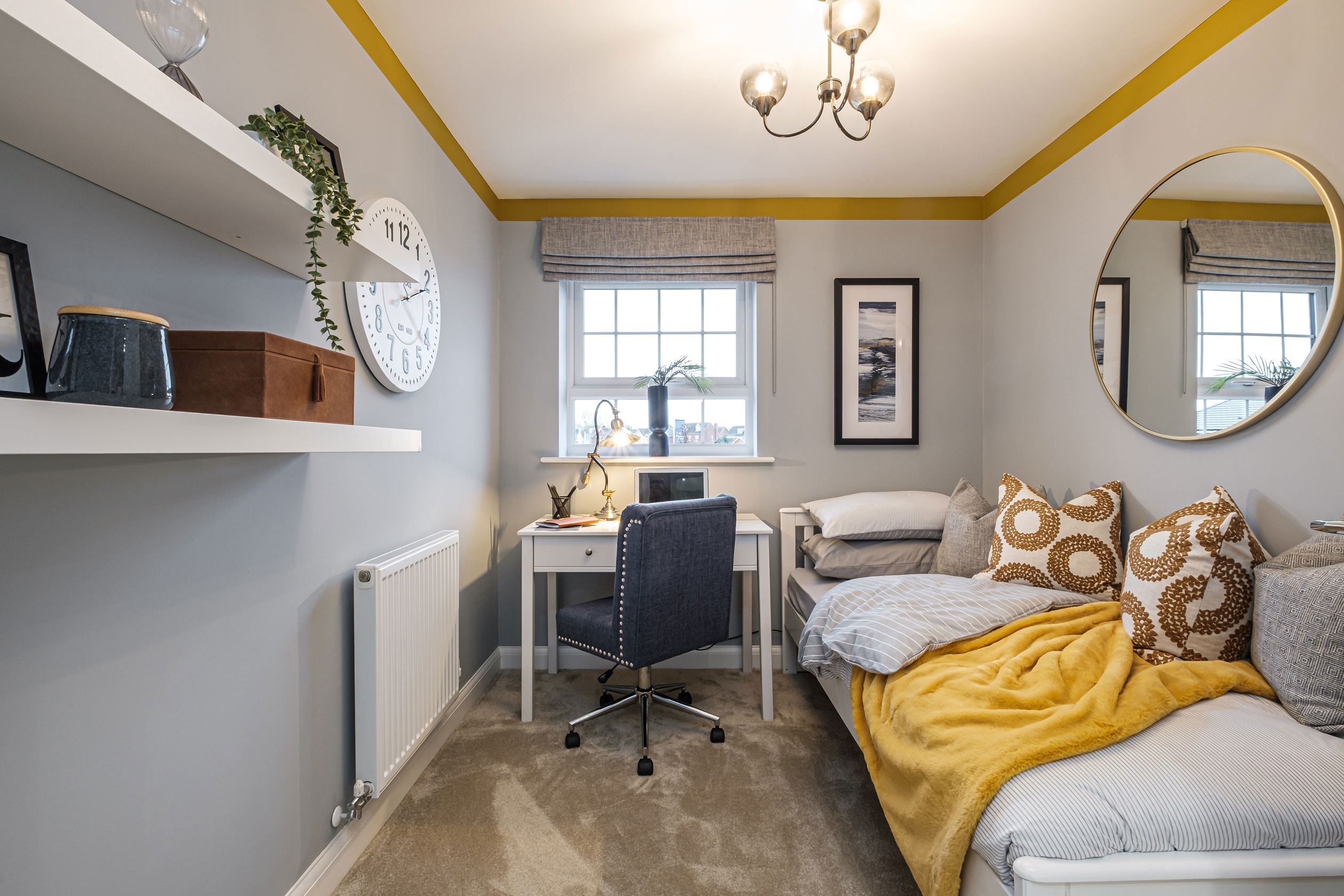 Grey and yellow themed single bedroom/study