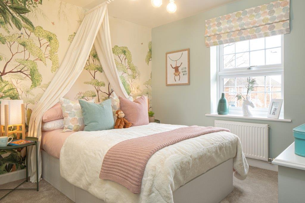 Pastel themed child's bedroom with canopy
