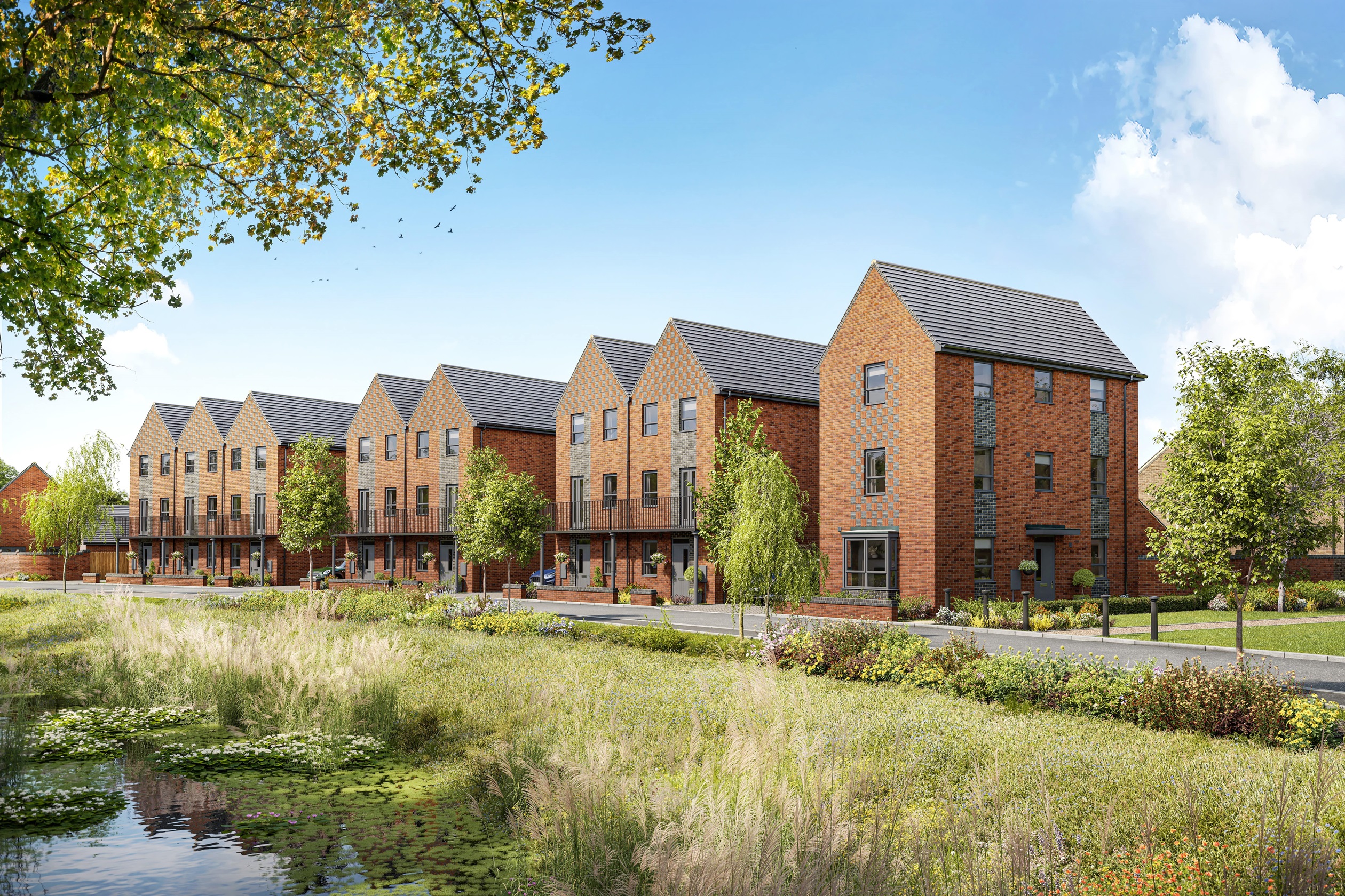 Street scene homes facing pond