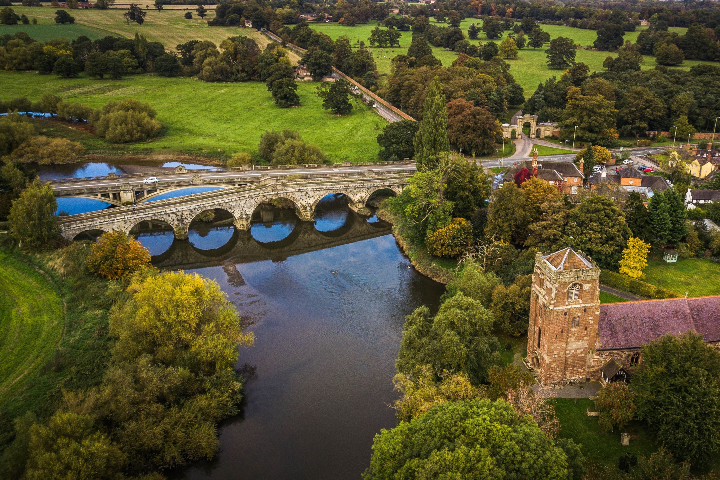 Aerial view of Atcham Bridge in Shrewsbury