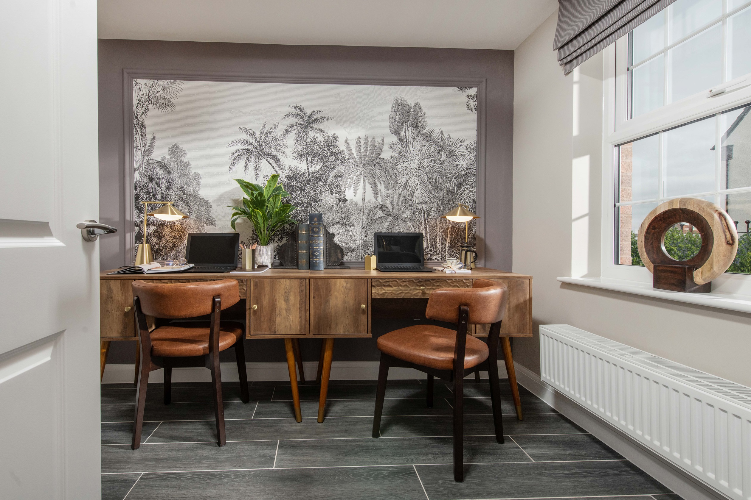 Holden study with two wooden desks and large window