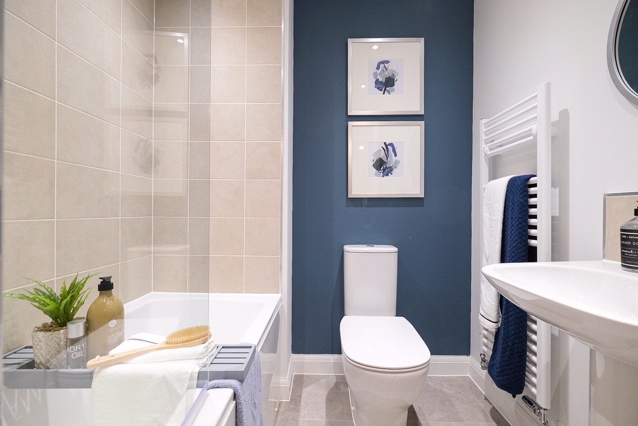 Navy blue themed bathroom