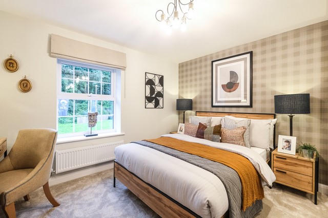 Double bedroom with mustard and wood decor