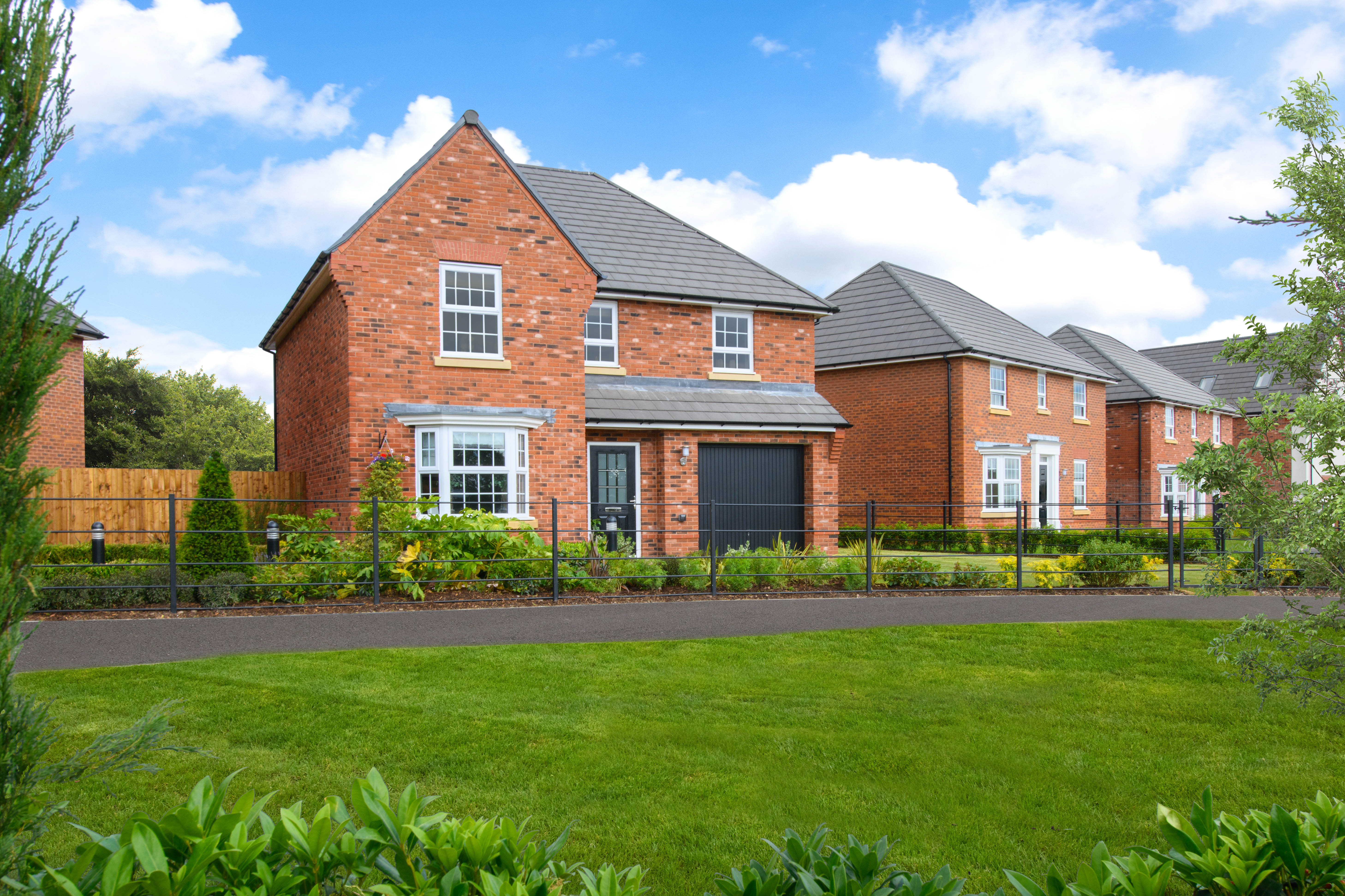 External view of Meriden style home with bay-fronted lounge and integral garage