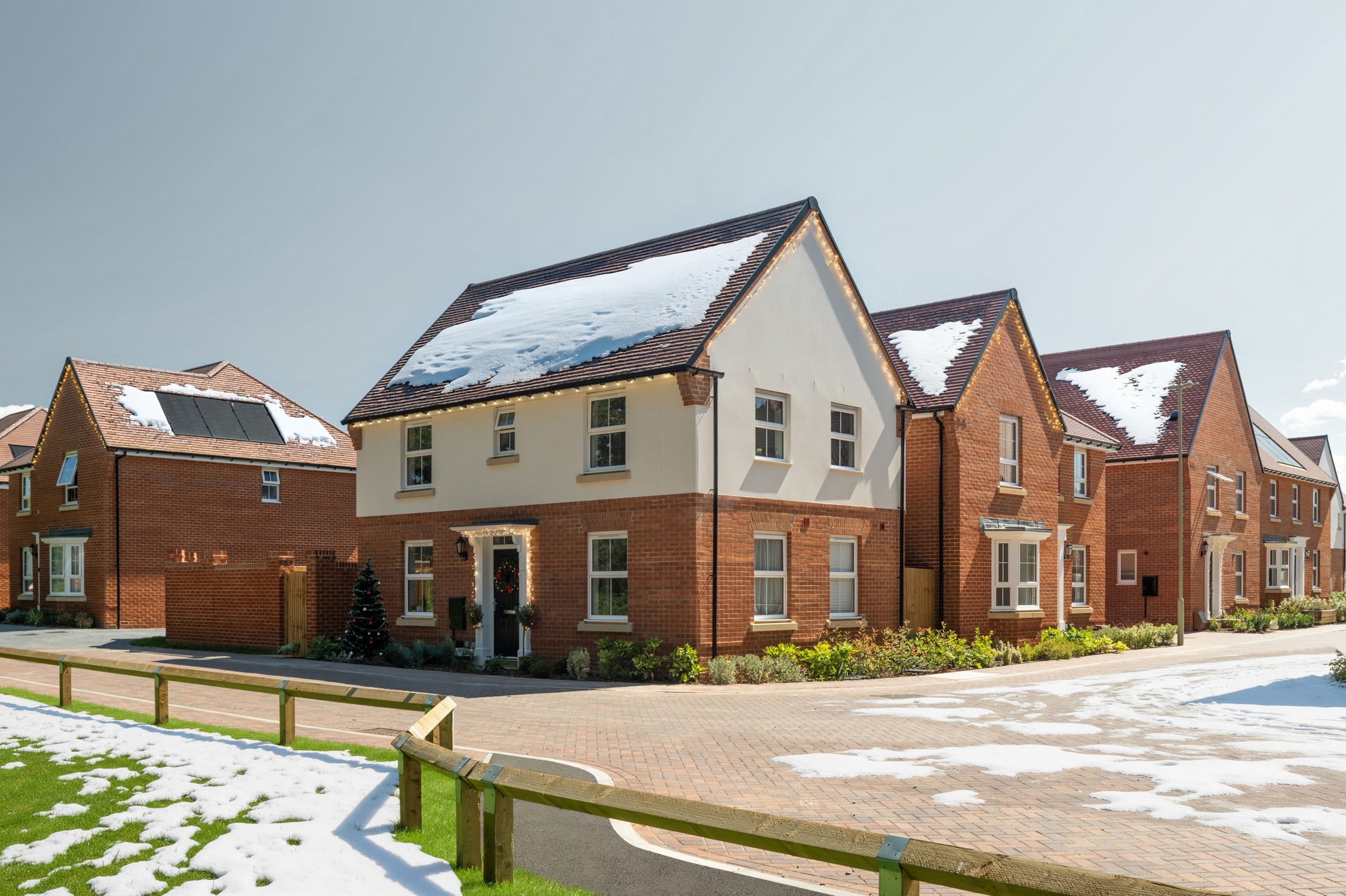 External snowy street scene at forest walk