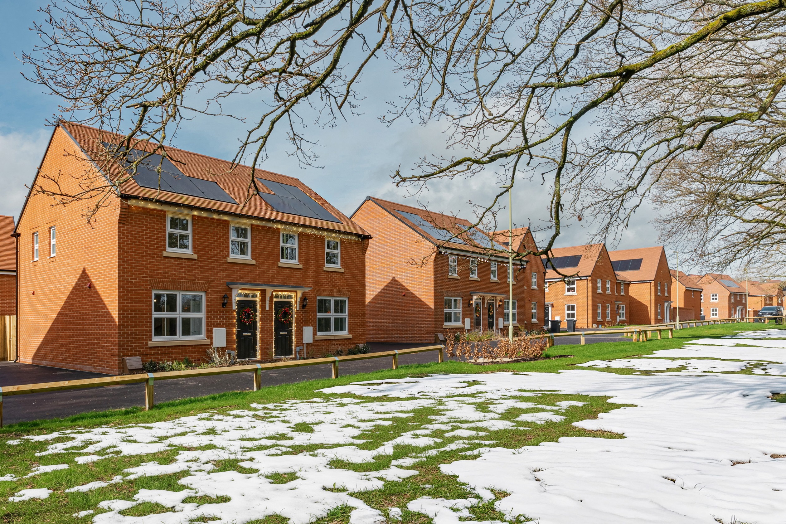 External street scene with snow at forest walk