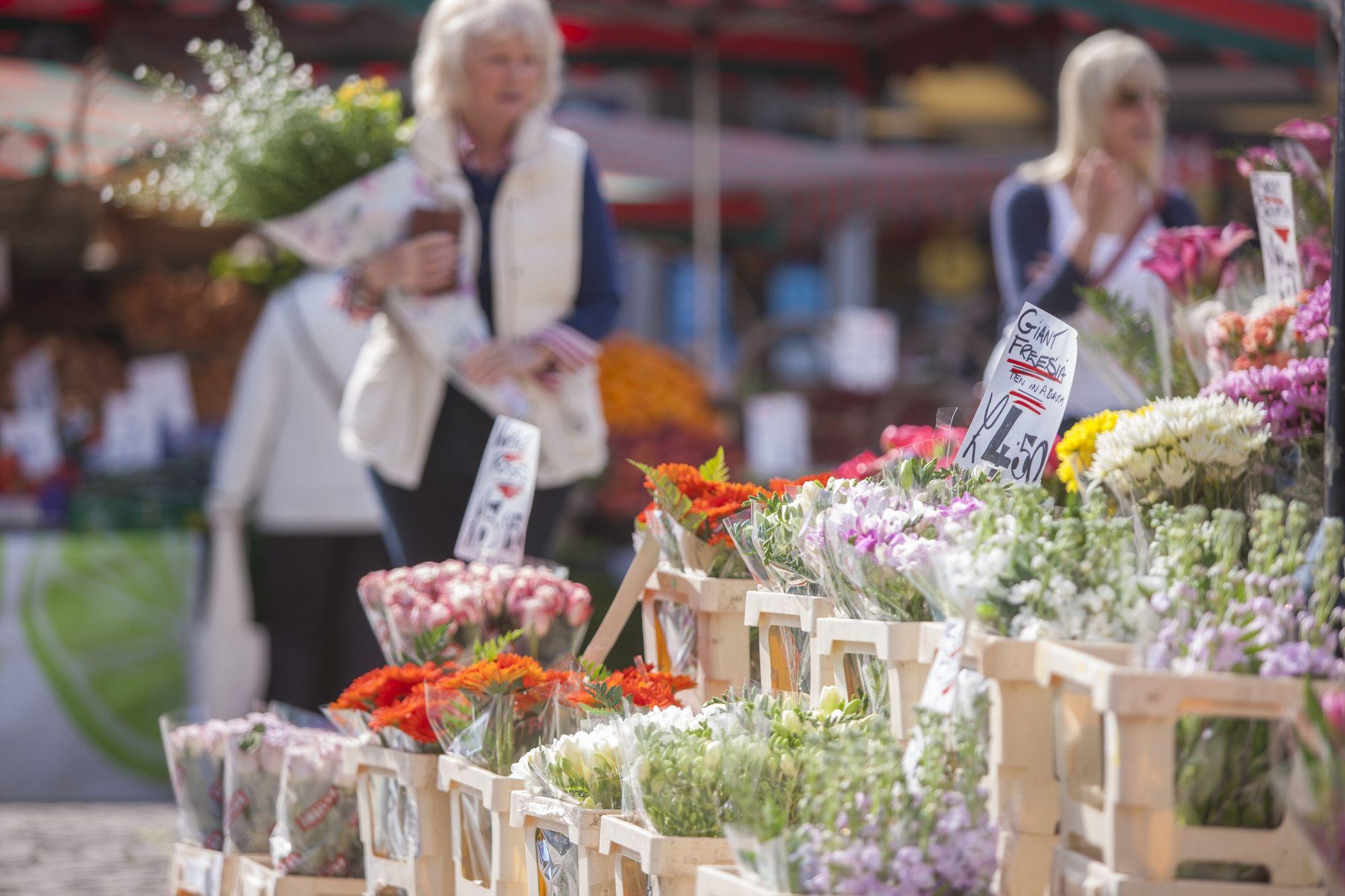 Flower market stall in Romsey town centre