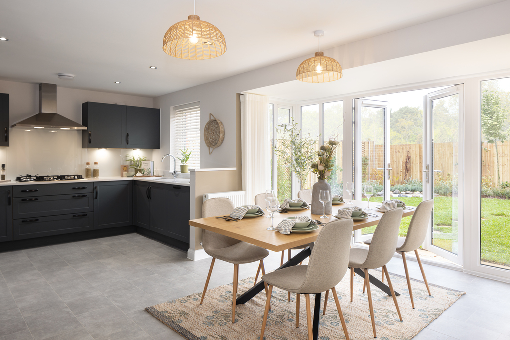 Internal shot of the open-plan kitchen/dining/family area in the holden show home