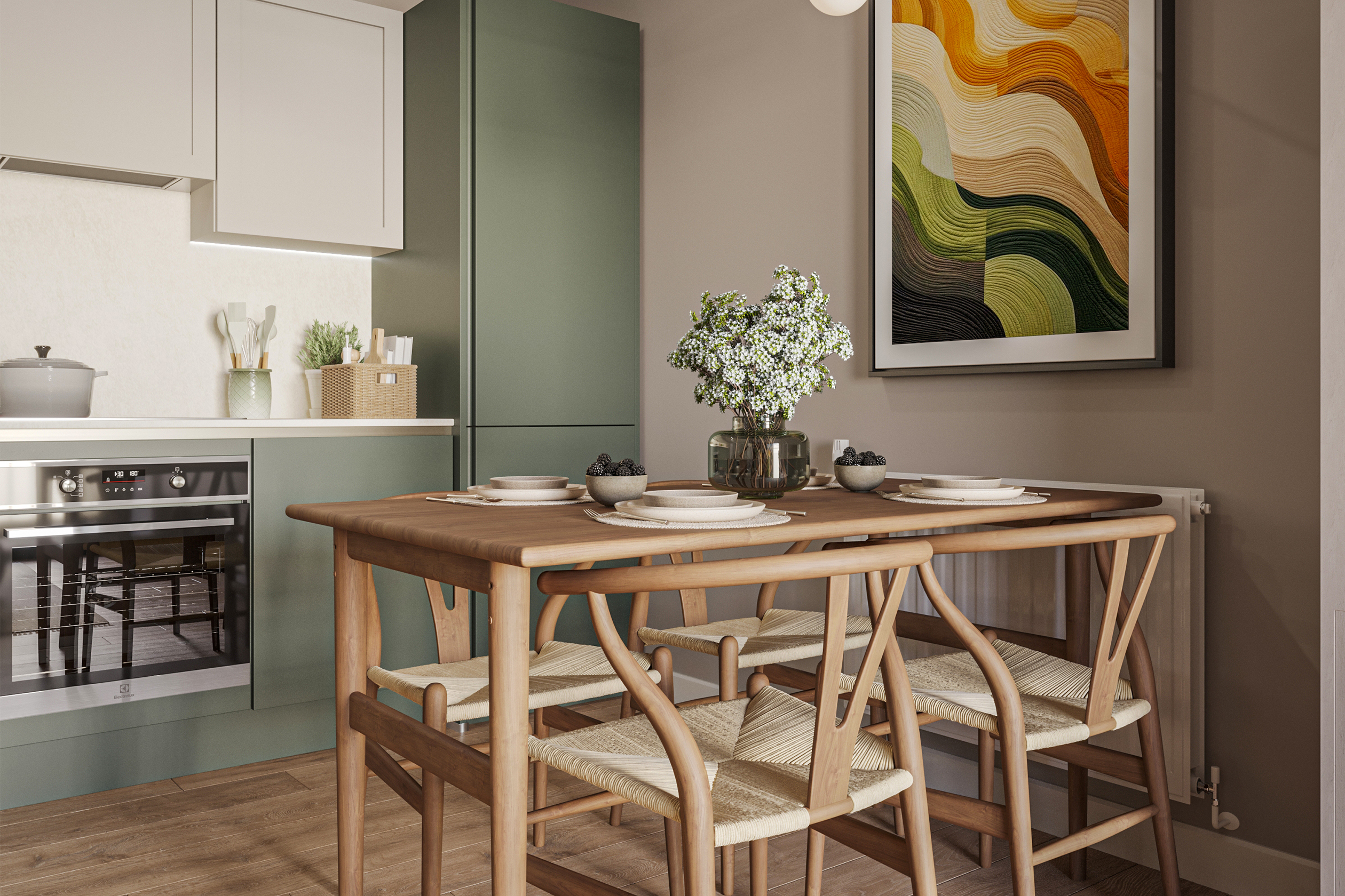 Dining Table and Kitchen CGI - Bradbury Apartments