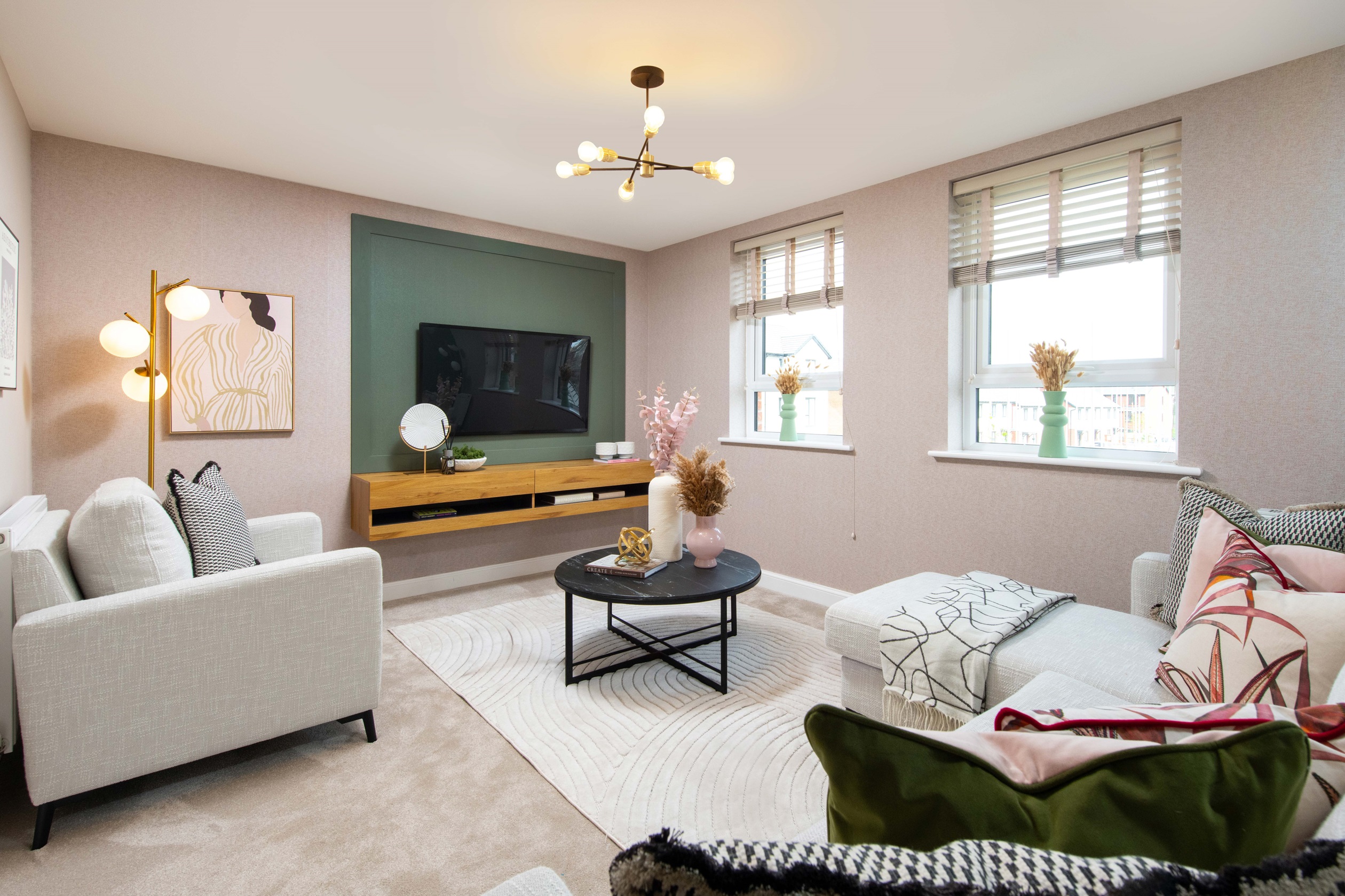 Open-plan kitchen in the Greenwood Show Home at The Waterside, David Wilson Homes