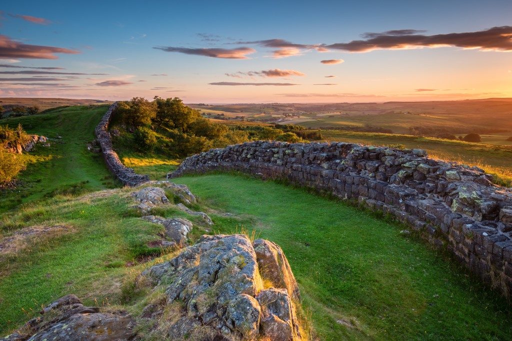 Beautiful picture taken of ancient Roman ruin Hadrian’s Wall at sunset