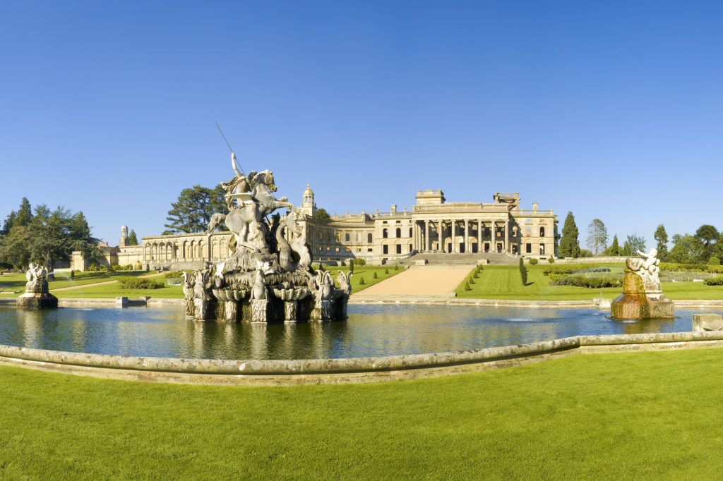 Picture taken of grand old English Heritage site Witley Court and its statue sat within water feature