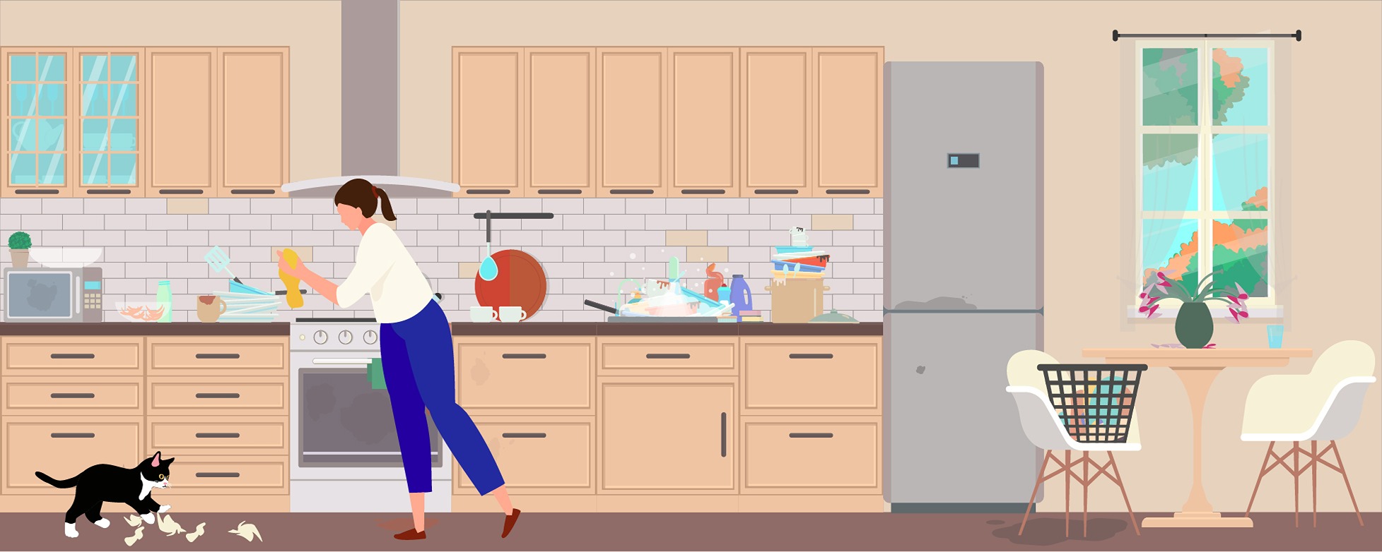 Illustration of a woman cleaning her home.