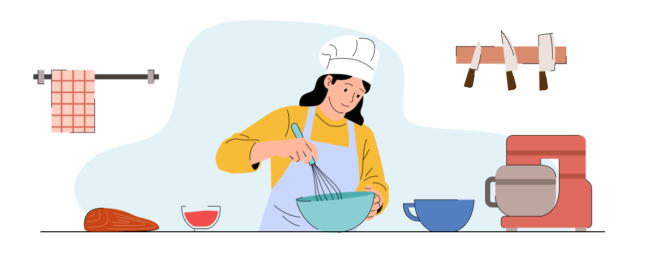 Animated visual of a gril host a dinner and cooking for friends